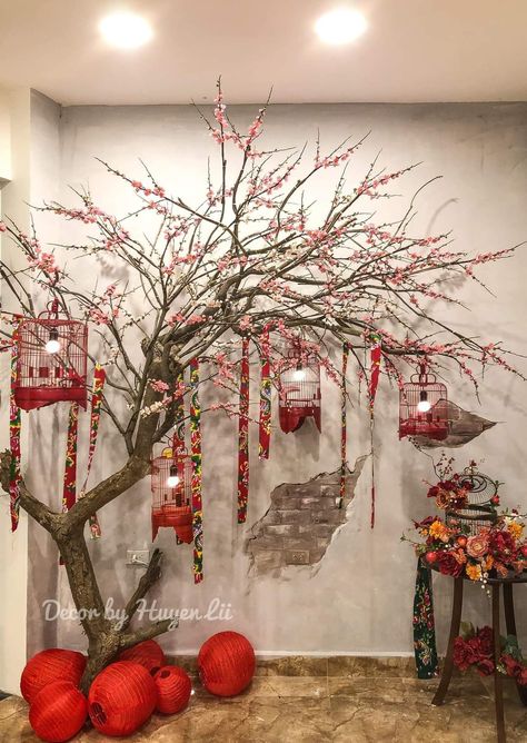 Asian New Year Decoration, Cny Home Decoration, Chinese New Year Tree, Vietnamese New Year Decorations, Asian Christmas Decorations, Chinese New Year Decorations Ideas, Imlek Decoration, Chinese New Year Display, Asian Party Decorations