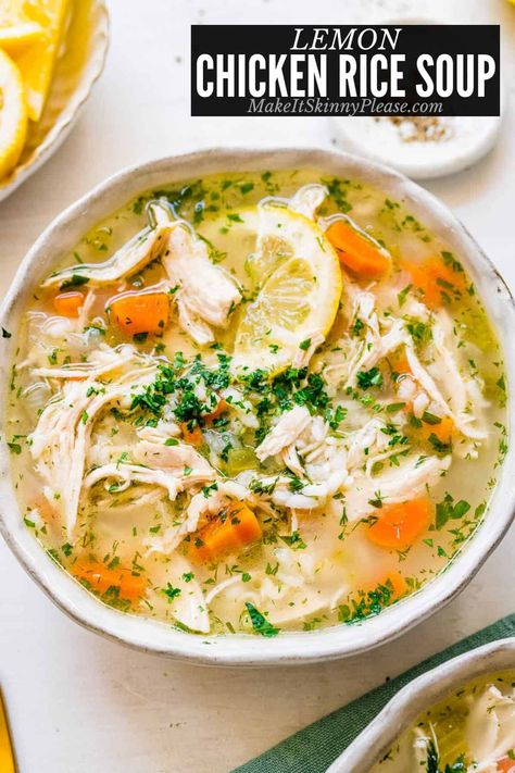 Light, satisfying Lemon Chicken Rice Soup warms the chilliest of days with loads of vegetables, tender chicken, fresh lemon juice and rice. Big flavors in a low calorie soup recipe.