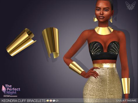 Wide metal cuff bracelets come in 4 colors of metal: yellow gold, white gold, rose gold and black-plated metal. Check the recommended tab for the matching plate necklace and earrings. Look in the... Sims 4 Irish Cc, Sims 4 Cleopatra, Sims 4 Bracelet Cc, Sims Baddie, Egyptian Clothing, Gold Arm Band, The Sims 4 Packs, Tumblr Sims 4, Metal Cuff Bracelet