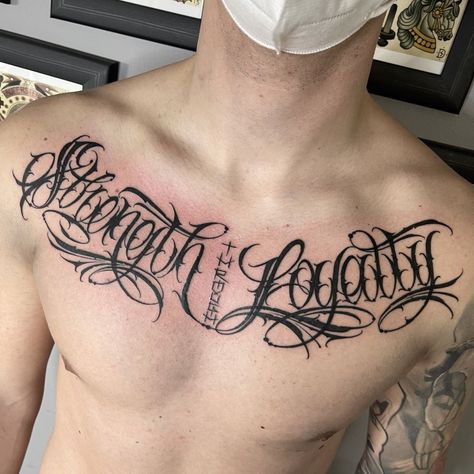 Writing Tattoos For Men Chest, Last Name On Chest Tattoo, Text Chest Tattoo Men, Loyalty Tattoo Chest, Stomach Tattoos Men Writing, Chest Tattoo Men Lettering, Cursive Chest Tattoo Men, Chest Writing Tattoos Men, Name Across Chest Tattoo