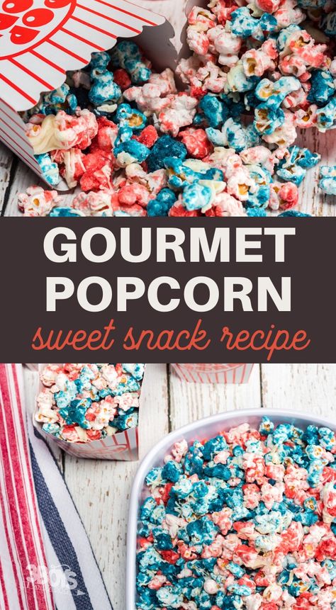 This Sweet and Simple Patriotic Popcorn Snack Recipe is such a breeze to make! You're going to love eating popcorn this way! Blue Popcorn Recipe, 4th Of July Popcorn, Patriotic Popcorn, Family Movie Night Snacks, Gourmet Popcorn Recipes, 4th Of July Dessert, Eating Popcorn, Sweet Popcorn, Patriotic Food