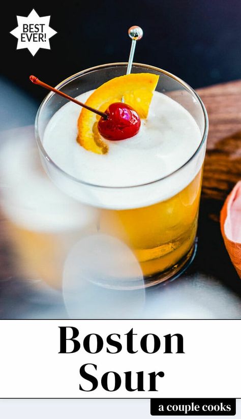 The Boston Sour is a whiskey sour with an egg white, which makes a frothy foam at the top! It makes an ultra smooth flavor a beautiful look. #bostonsour #whiskeysour #sourcocktail #entertaining #party #cocktails #cocktailrecipe #foamtop Boston Cocktails, Girls Night Drinks Cocktails, Dear Alcohol, Best Mimosa Recipe, Cold Dip Recipes, Winter Salad Recipes, Bartender Drinks, Mimosa Recipe, Vegan Recipes Plant Based