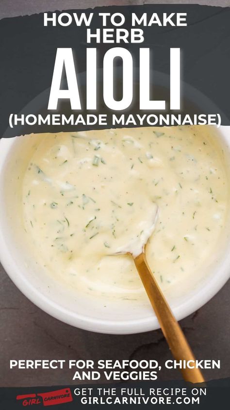 You aioli devotees are going to go crazy for this herby variation! 🌿💚 This herb aioli recipe takes rich, tangy mayo to new flavor heights. Just imagine all those glorious fresh herb notes from parsley, dill and basil minglers with pungent garlic and bright lemon. This sauce is like an aromatic explosion of vibrant, verdant flavors in each luscious bite! It's also stupid easy to make using this simple recipe - just whip up homemade mayo then stir in chopped fresh herbs. Hello, condiment ... Herb Aioli Recipe, Aioli Recipe Easy, Lemon Aioli Recipe, Chicken Saltimbocca Recipe, Herb Aioli, Lemon Garlic Aioli, Homemade Aioli, Lemon Aioli, Mayo Sauce