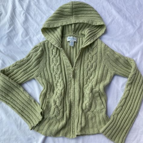 Celery Knit Hoodie 🧸 🎀 Details: Light green cable... - Depop Cable Knit Zip Up, Zip Up Knit Sweater, Knit Cardigan Outfit, Knitted Hoodie, Thrift Inspo, Olive Green Sweater, Hoodie Pattern, Rock'n Roll, Cardigan Outfits