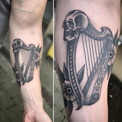 Irish Harp Tattoo, Harp Tattoo, Harp Guitar, Irish Harp, Irish Tattoos, Guitar Tattoo, Celtic Tattoo, Dad Tattoos, Irish Traditions