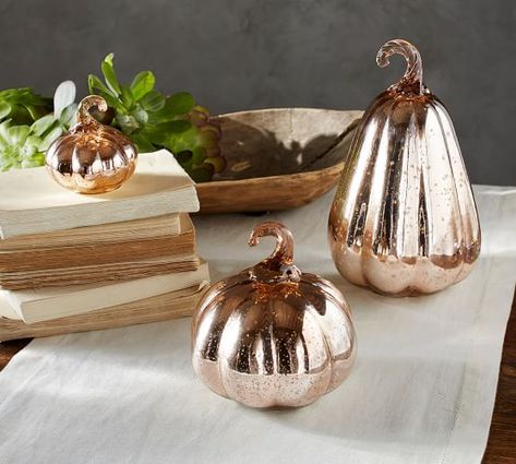 Pottery Barn MERCURY GLASS PUMPKINS - ROSE GOLD //Pottery Barn fall home decor sale Mercury Glass Pumpkins, Pottery Barn Fall, Pumpkin Tablescape, Gold Pottery, Thanksgiving Dinnerware, Pottery Barn Halloween, Decorated Wreaths, Garland Decoration, Pumpkin Garland