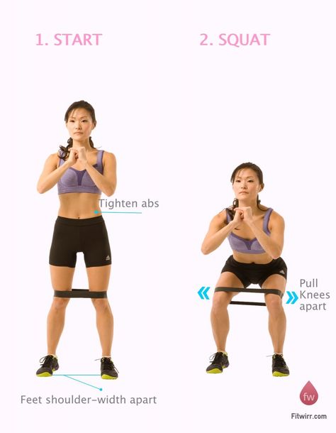 Resistance band squats to strengthen the butt and knees Band Squats, Legs Stretches, Gym Plan For Women, Band Workouts, Gym Plan, Leg Workout At Home, Band Exercises, Easy At Home Workouts, Exercise Bands