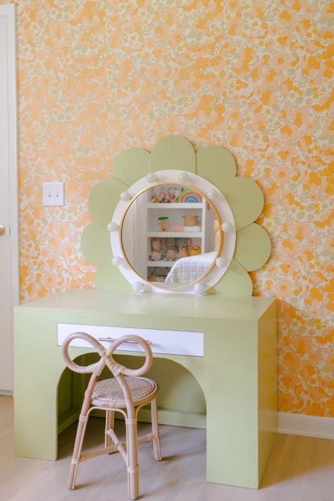 Whimsical Children's Vanity DIY - A Beautiful Mess Vanity Ideas Diy, Childrens Vanity, Toddler Vanity, Vanity Ideas Bedroom, Room Murals, Vanity Diy, Girls Vanity, Diy Girls Bedroom, Vanity Ideas