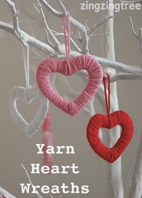 Super simple mini Yarn Heart Wreaths ... perfect little valentine decorations                                                                                                                                                      More Selamat Hari Valentine, Yarn Heart, Diy Valentines Decorations, Valentine Crafts For Kids, Hari Valentine, Valentine Projects, Valentines Art, Heart Wreath, Heart Crafts