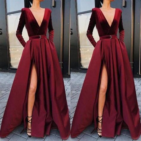 c5cc17e395d3049b03e0f1ccebb02b4ddesc45967352ri Maroon Evening Gown, Split Prom Dresses, Long Sleeve Ball Gowns, Burgundy Maxi Dress, Evening Dress Long, Plain Maxi Dress, Long Sleeve Evening Gowns, Long Sleeve Evening Dresses, Red Cocktail Dress