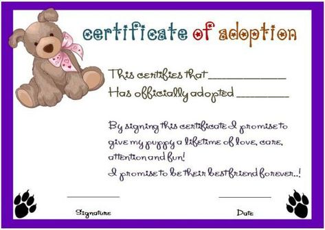 Toy Adoption Certificate Template : 13+ Free Word Templates Within Toy Adoption Certificate Template Stuffed Animal Adoption Certificate, Stuffed Animal Adoption, Animal Adoption Certificate, Adoption Certificate Template, Dog Adoption Certificate, Pet Adoption Certificate, Printable Toys, Birth Certificate Template, Free Certificate Templates