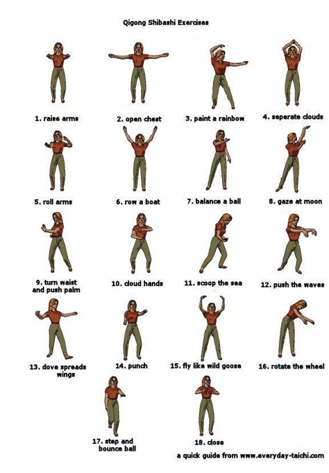 The shibashi memory chart has a single figure for each of the 18 postures. Tai Chi Moves, Qigong Meditation, Learn Tai Chi, Tai Chi For Beginners, Exercise Images, Chi Gong, Tai Chi Exercise, Qigong Exercises, Tai Chi Qigong