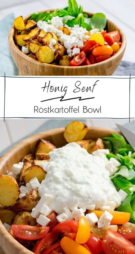 Geniales Rezept für Honig Senf Röstkartoffeln als leckerer Salat mit Feta... Die Kartoffeln werden wunderbar knusprig. Dazu passt Tzatziki oder Sour Cream. Besonders lecker werden die Kartoffeln in der Heissluftfritteuse. #salat #bowl #kartoffeln #honigsenf #veggie Salat Bowl, Feta Salat, Sashimi, Veggie Recipes, Recipes Easy, Workout Food, Cooking And Baking, Easy Dinner, Food Inspiration