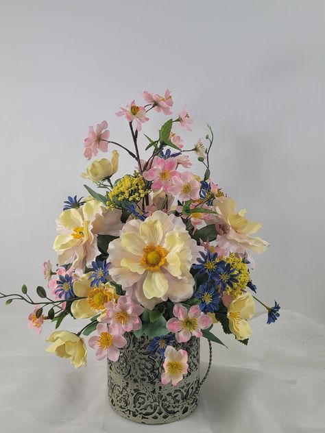 Pastel Table Decor, Pastel Poppies, Yellow Yarrow, Pastel Table, Blue Daisies, Colorful Arrangements, Spring Flower Arrangements, Spring Arrangements, Miniature Flowers