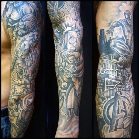 Marvel Themed Mens Captain America Full Sleeve Tattoo Designs Marvel Tattoo Sleeve, Captain America Tattoo, Sake Tattoo, Wolverine Tattoo, America Tattoo, Deadpool Tattoo, Hulk Tattoo, Spiderman Tattoo, Avengers Tattoo