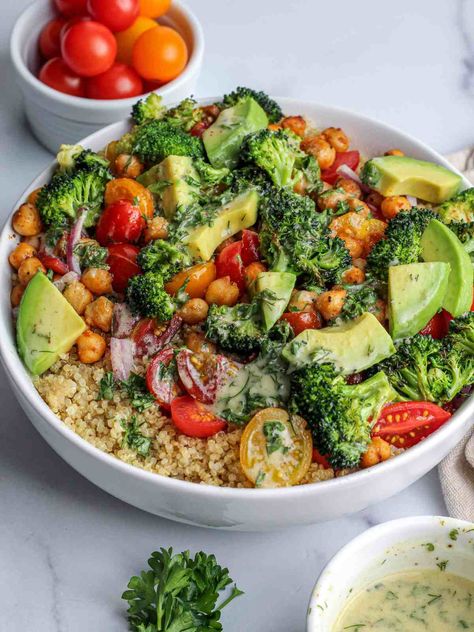 Roasted Broccoli & Quinoa Salad - Munchmeals by Janet Broccoli Quinoa Salad, Broccoli And Quinoa, Creamy Vinaigrette, Seasoned Chickpeas, Broccoli Quinoa, Nourish Bowls, Quinoa Broccoli, Lentils And Quinoa, Veggie Bowl