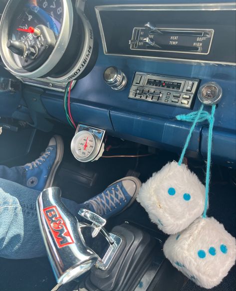 Denim Car Interior, Fuzzy Dice Car Aesthetic, Blue Old Car Aesthetic, Fuzzy Dice Aesthetic, Blue Race Car Aesthetic, Blue Car Aesthetic Interior, Car Mods Interior Blue, Light Blue Car Interior, Blue Car Interior Ideas