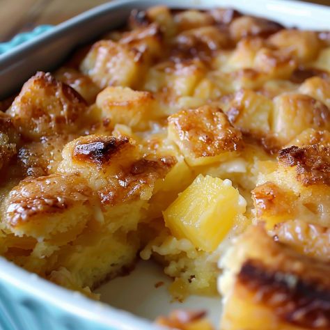 Pineapple Bread Pudding Pineapple Casserole With Bread, Pineapple Bread Casserole, Pineapple Bread Pudding Recipe, Pineapple Breakfast, Pineapple Bread Pudding, Raisin Bread Pudding, Pineapple Pudding, Pineapple Casserole, Pineapple Bread