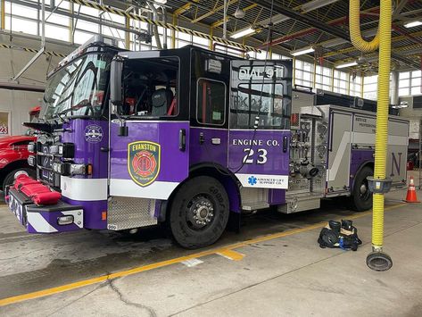 A visit to Evanston IL Fire Dept Station 3 with their NEW PURPLE Fire Engine Co. 23. #evanstonfire #firedepartment #firedept #firestation… | Instagram Fire Station Layout, Fire Station Architecture, Fire Department Architecture, Fire Trucks Pictures, Airport Fire Trucks, Purple Fire, Fdny Firehouse, Fire Station, Fire Dept