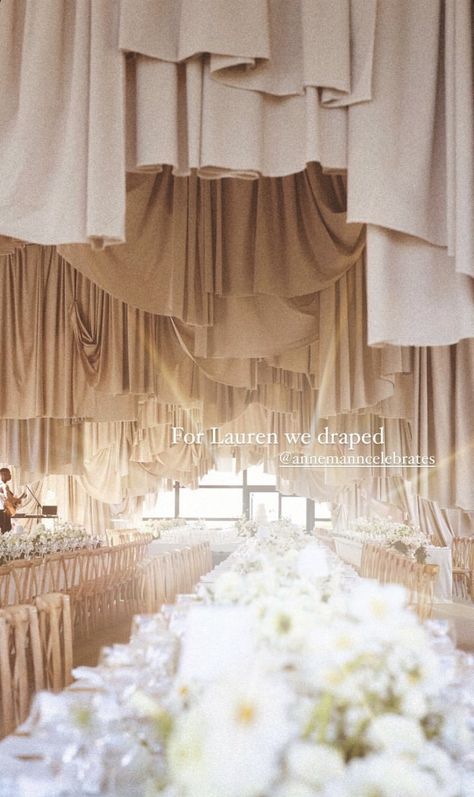 Fabric Installation Wedding, Wedding Ceiling Installation, Ceiling Drapes, Estilo Japandi, Wedding Drapery, Jeff Leatham, Fabric Installation, Wedding Ceiling, Fabric Ceiling