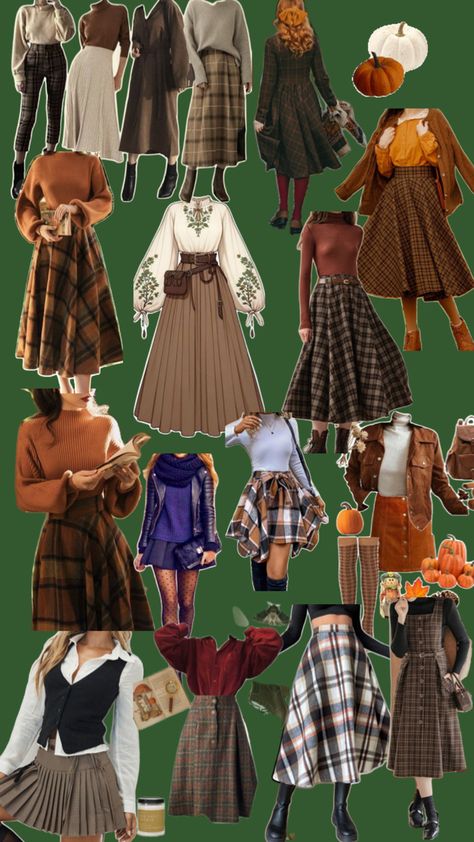 Fall outfits, pleated skirts, plaid skirts and sweaters Plaid Costume Ideas, Curdoroy Skirt Outfit Womens, Fall Plaid Skirt Outfit, Flared Skirt Outfit, Plaid Skirt Outfit Aesthetic, Brown Plaid Skirt Outfit, Fall Outfit Skirt, Traveler Fashion, Countryside Outfit