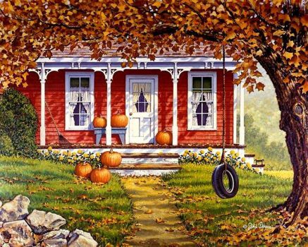 John Sloane Art, Silhouette Paintings, Fall Stickers, Farm Paintings, Farm Art, Fall Printables, Autumn Scenes, Country Scenes, Red House