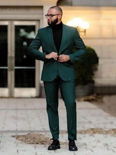 Green Suit With Turtleneck Men, Dark Green Prom Outfit Men, Green Blazer Outfit For Men, Men’s Dark Green Suit, Men Green Suit Outfit, Green Semi Formal Outfit Men, Green Coat Outfit Men, Black And Green Suit Men, Emerald Green Men Outfit