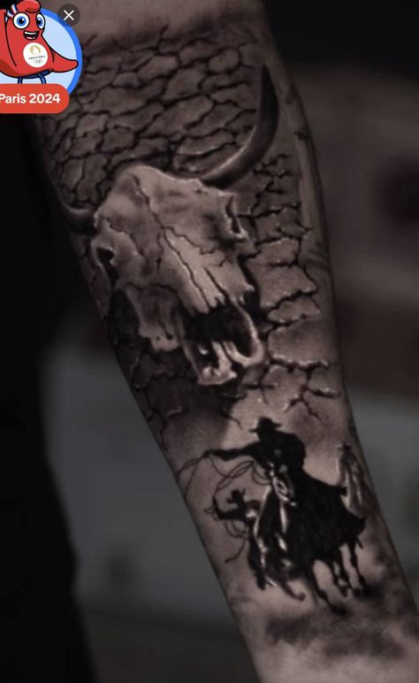 Realistic Western Tattoo, Mens Native Tattoos, Cowboy Tattoos Western, Cowboy Skull Tattoo Design, Cowboy Sleeve Tattoo For Men, Western Tattoo Ideas Men, Men’s Western Arm Tattoo, Western Realism Tattoo, Western Half Sleeve Tattoo