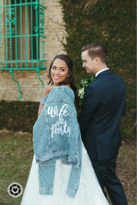 Bride (mads and bougie) and groom walking away in wife of the party jacket Wife Of The Party, Party Jeans, Party Jackets, Wedding Jacket, Leonardo Dicaprio, Happily Ever After, Ever After, Wedding Sneaker, Diy Wedding