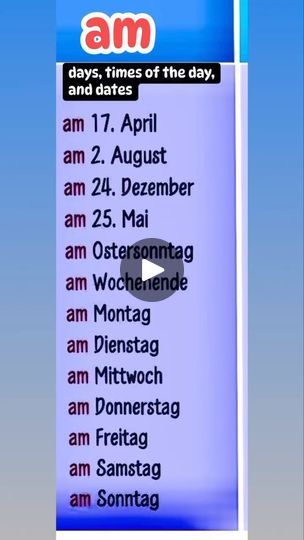 In German, 
 - im” to refer to seasons and months

-  am” to refer to days, times of the day, and           dates

 -  um” to refer to specific clock times.

#germany
#school
#grammatik
#germanlessons
#verbs
#Season | Learning German with heart | J Lisk · I Like It German Days Of The Week, German Months, Weather In German, Time In German Language, German A2 Grammar, German Language Learning, Dates, German Language, Germany