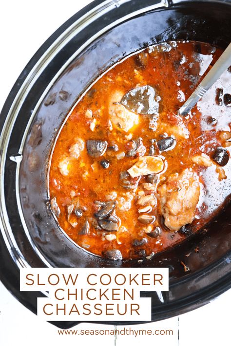 Slow Cooker Chicken Chasseur Chicken Chasseur Recipe Slow Cooker, Chicken Chasseur Recipe, Chicken Chasseur, Hunters Stew, Pot Recipes Healthy, Crockpot Casserole, Classic French Dishes, Buttered Noodles, Slow Cooker Recipes Healthy