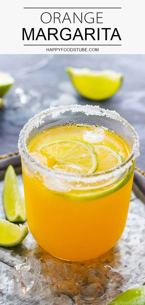 5 ingredients and 2 minutes is all it takes to make this orange margarita. This refreshing cocktail is perfect for summer parties and outdoor entertaining! #happyfoodstube #orange #margarita #cocktail #tequila #cointreau Orange Margarita Recipes Pitcher, Margarita With Orange Juice, Orange Margarita Recipe, Cocktail Tequila, Orange Margarita, Pool Drinks, Mango Margarita, Refreshing Cocktail, Refreshing Food