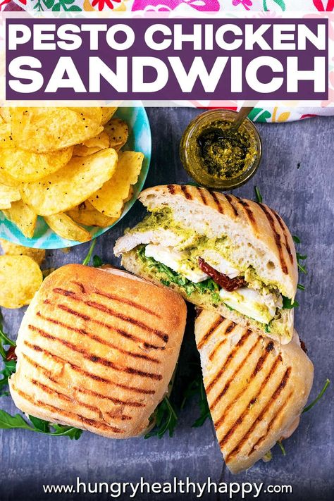 This easy Pesto Chicken Sandwich is going to be a lunch time favourite. Ciabatta topped with rocket lettuce, a creamy pesto sauce, mozzarella and grilled chicken breast. Bursting with flavour, lunch time never has to be boring again. Pesto Chicken Sandwich, Easy Pesto Chicken, Chicken And Pesto, Chicken Pesto Sandwich, Creamy Pesto Sauce, Pesto Sandwich, Baked Onions, Red Pesto, Grilled Chicken Breast