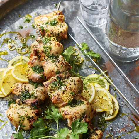 Chicken shish in sweet confit garlic marinade recipe by Sarit Packer and Itamar Srulovich Confit Chicken, Confit Garlic, Garlic Marinade, Marinade Recipes, Boneless Chicken Thighs, Gluten Free Chicken, Boneless Chicken, The Chicken, Skewers