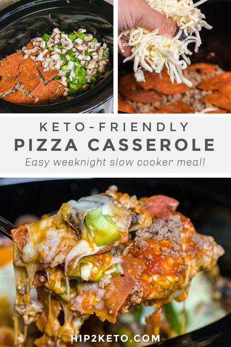 Easy Weeknight Slow Cooker Meals, Keto Pizza Casserole, Crock Pot Pizza, Low Carb Marinara, Casserole Easy, Keto Crockpot Recipes, Pizza Casserole, Keto Pizza, Keto Recipes Dinner