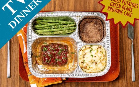 Homemade TV Dinner Recipe - Los Angeles Times Homemade Tv Dinners, Meatloaf Mashed Potatoes, Tv Dinner Trays, Meatloaf Mix, Potatoes Green Beans, Dinner Tray, Bean Brownies, Awards Party, Best Party Food