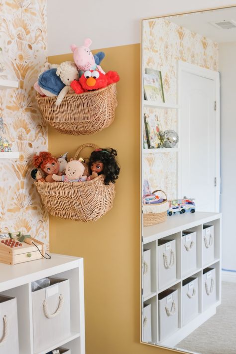 The Pacific Standard — Modern and Bright Playroom Reveal Playroom Shelves Decor, Water Closet Organization Ideas, Hanging Toy Baskets On Wall, Playroom Ideas Dress Up, Kids Display Shelf, Plants In Playroom, Playroom Wall Shelving, Small Boho Playroom, Mirror In Playroom