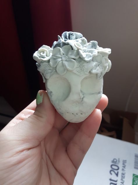 Skull with flowers on head made out of clay Clay Skull, Face With Flowers, Flower On Head, Skull With Flowers, Skull Sculpture, 2024 Inspiration, Clay Sculptures, Clay Face, Skull Logo