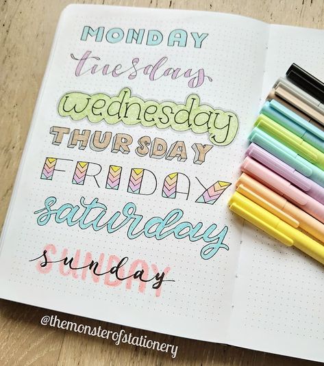 Stationery Monster on Instagram: “Hi everyone! I wanted to try some #headers with these highlighters and I really like how it turned out 🤩 what do you think? . . . . . . . .…” Bullet Journal Titles, Bullet Journal Headers, Bullet Journal Font, Bullet Journal Banner, Journal Fonts, Bullet Journal Notes, Bullet Journal Mood, Bullet Journal Aesthetic, Bullet Journal Notebook