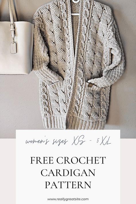 The Cozy Crochet Cable Cardigan will keep the chill off while you’re at the office or just lounging around at home. This crochet cardigan has a slightly oversized fit, tapered sleeves, inset pockets, and last, but not least, it’s nearly seamless! This size inclusive crochet cardigan pattern includes women's sizes XS through 5X. Crochet A Cardigan, Easy Crochet Cardigan, Cabled Cardigan, Cardigan Tutorial, Crochet Cardigan Tutorial, Crochet Cable Stitch, Crochet Cardigan Free, Crochet Jacket Pattern, Crochet Shell