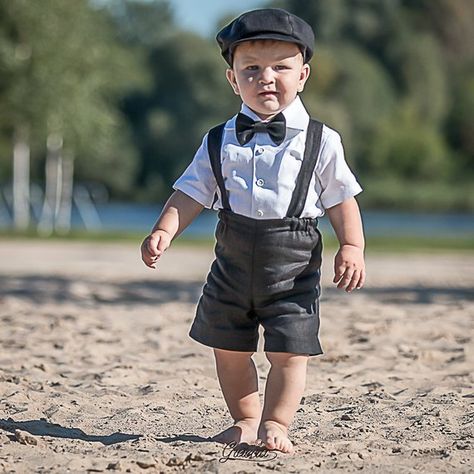 Baby Boy Formal Wear, Black Linen Suit, Toddler Wedding Outfit Boy, Baby Boy Black, Baby Boy Suspenders, Toddler Suspenders, Baby Boy Linen, Ring Bearer Suit, Suspenders Outfit