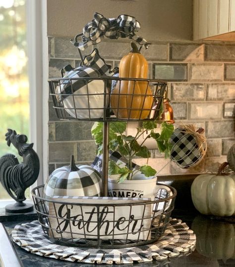 Fall Tiered Tray Ideas - my home of all seasons Wire Tiered Tray Decor, Two Tier Basket Decor Ideas, Tiered Basket Decor, Wire Basket Decor Kitchen, Wire Basket Ideas, Fall Basket Ideas, Wire Basket Decor, Tiered Tray Ideas, Basket Decor Ideas