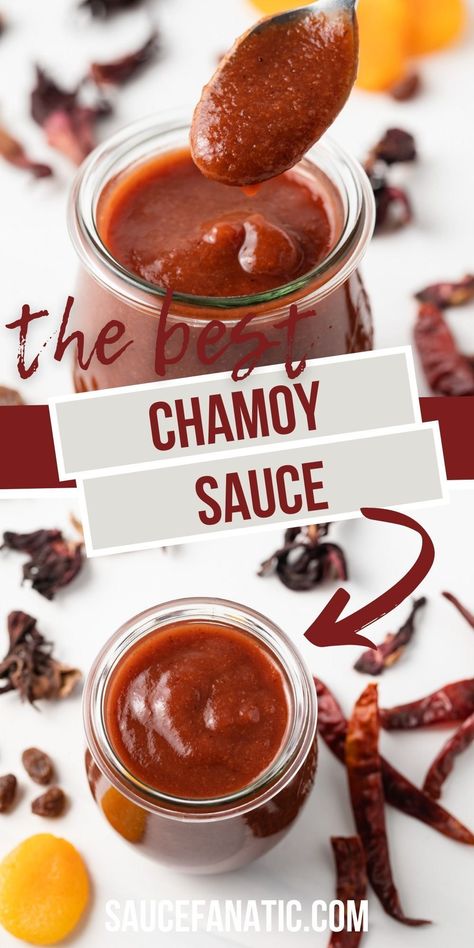 Homemade Chamoy Sauce, Chamoy Sauce Recipe, Chamoy Recipe, Spicy Sauces, Mexican Sauces, Chamoy Sauce, Condiments Recipes, Dried Apricot, Pomegranate Recipes