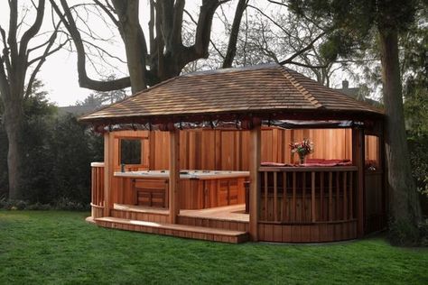 Hot Tub Wooden Gazebos - Crown Pavilions Spa Gazebo, Backyard Hot Tub, Big Leaf Plants, Hot Tub Gazebo, Gazebo Plans, Tub Enclosures, Hot Tub Backyard, Wooden Gazebo, Building A Pergola