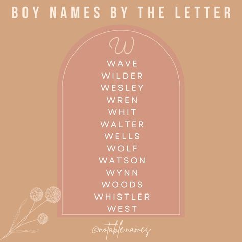 This post is brought to you by the letter W. I've put together a selection of my favourite boys names that start with W. I love that there are gender neutral names, nature names, vintage names and even some whimsical names on this list, and I like it even better when they intersect, like a whimsical nature name or vintage word name. We're never just one thing, and neither are names! Did your fave W name make the list? #names #boynames #babynames #babyboynames #babynameideas #babynamesugges... W Baby Names, Names Nature, Whimsical Names, W Names, Neutral Names, Sims Names, Nature Names, Boys Names, Whimsical Nature