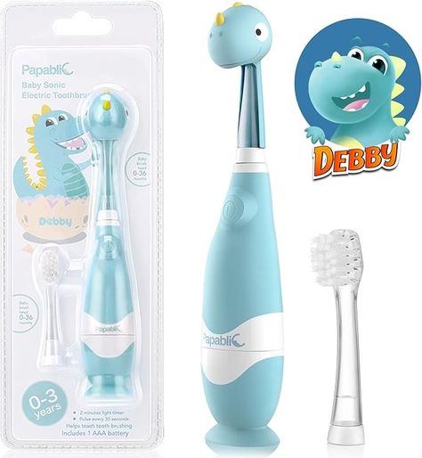 Amazon.com: Papablic Toddler Sonic Electric Toothbrush for Ages 1-3 Years, Baby Electric Toothbrush with Cute Dino Cover and Smart LED Timer, 2 Brush Heads (Debby) : Health & Household Kids Electric Toothbrush, Baby Toothbrush, Cute Dino, Sonic Electric Toothbrush, Sonic Electric, Toddler Age, Electric Toothbrush, Head And Neck, Book Box