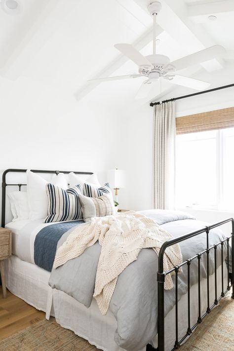 Beach vibe bedroom with fresh, neutral linens designed by Blackband Design Guest Bedroom Bedding, Vibe Bedroom, Black Metal Bed, Guest Bedroom Decor, Coastal Bedrooms, Cottage Bedroom, Coastal Bedroom, Metal Bed, Metal Bed Frame