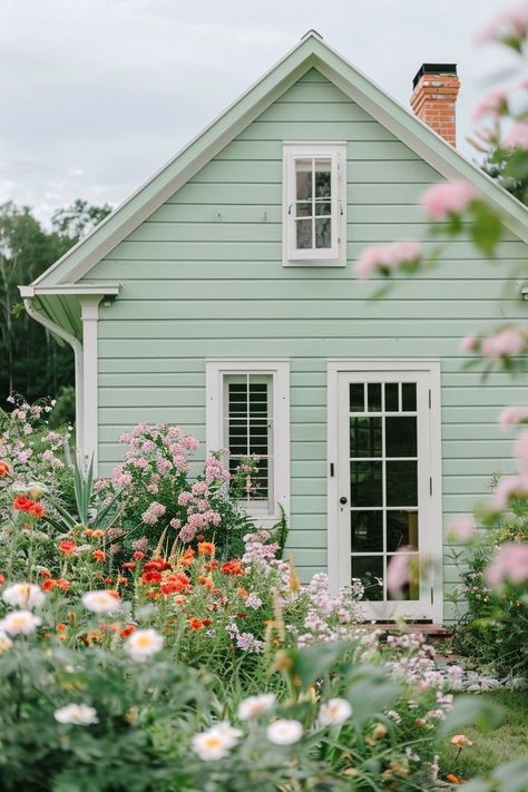 Sage Green Outdoor Aesthetic, Sea Green House Exterior, Mint Exterior House, Character Flower House Vibe, White Cabin Exterior, Motel Decor, Coastal Farmhouse Exterior, Light Green House, Green Home Exterior