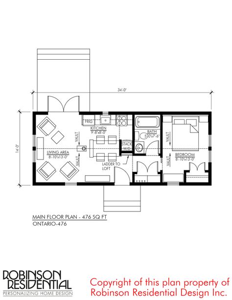 This is the 476 Sq. Ft. Ontario Tiny House Plan by Robinson Residential. Ontario is the province that is home to Toronto, Canada’s larger city, but is also home to the Great Lakes, islands, and par… 12x30 Tiny House Floor Plans, 14x36 Tiny House Floor Plans, Small Home Plans, Home Plans Modern, Small Home Plan, Granny Flats, Canada House, Tiny House Plan, Small Cottages