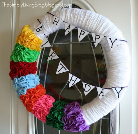 birthday wreath - now who do i know that has a birthday coming up? Birthday Wreaths Diy, Happy Birthday Wreath Diy, Birthday Wreath Diy, Felt Strip Wreath, Trending Wreaths 2022 Yarn, Birthday Wreath, Yarn Wreath, It's Your Birthday, Christmas Crafts Decorations